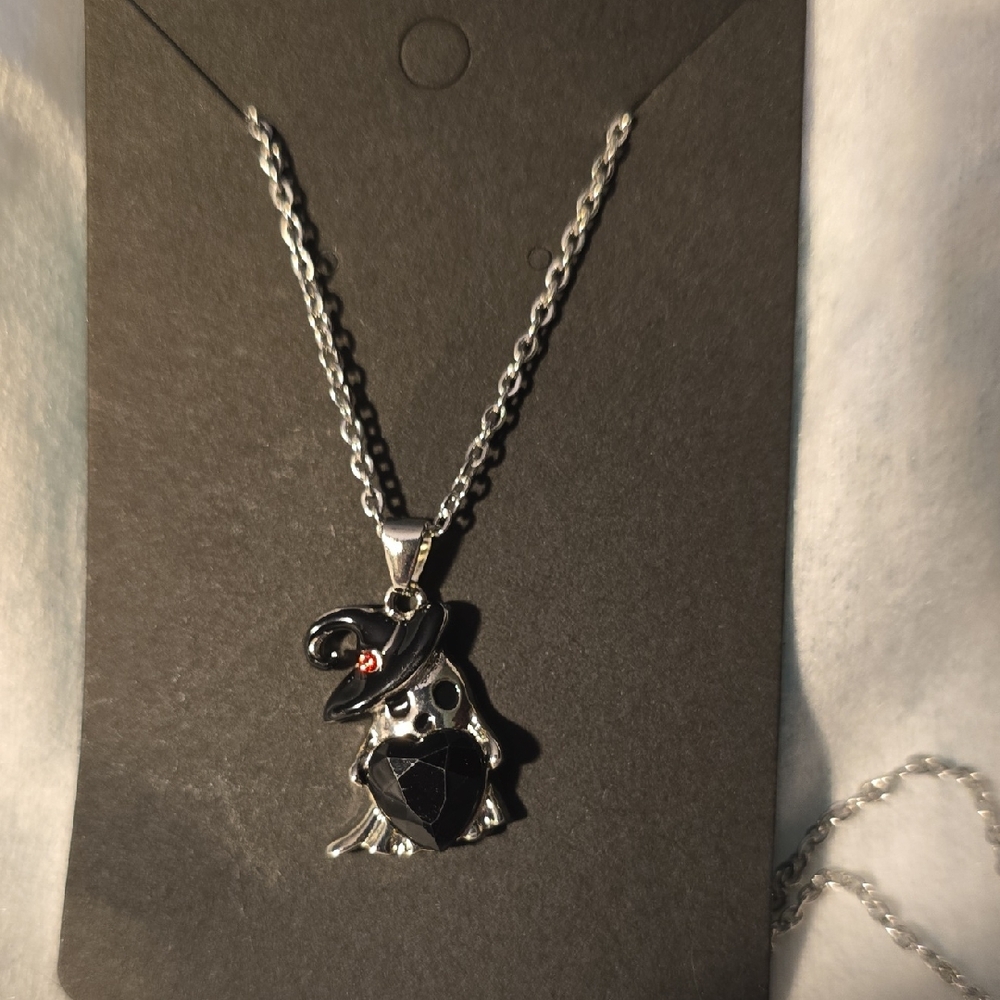 Silver Ghost Necklace with Black Hat with Black Gem Heart Shaped Pendant
